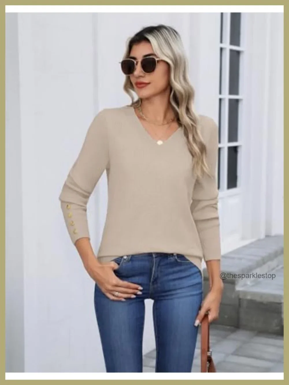 Women's V Neck Sweater Long Sleeve Knit Pullover Ribbed Top Button Cuff Work